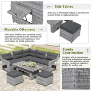 Conjunto de sofá seccional de ratán para exteriores con mesa ajustable y sillones reclinables