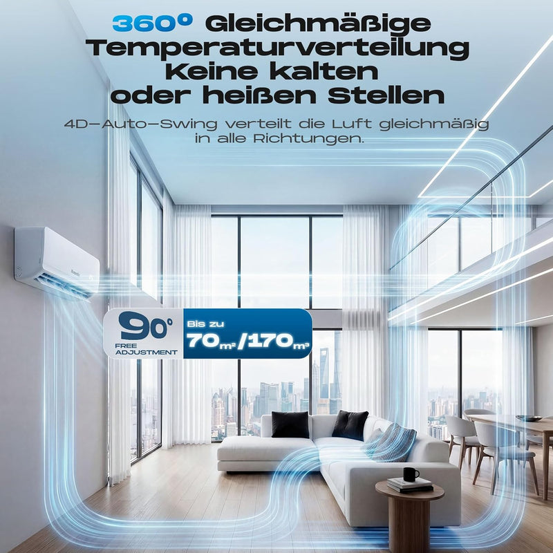 Aire acondicionado split 12000 BTU, dispositivo 4 en 1 con calefacción, refrigeración, deshumidificación y ventilación, hasta 70 m², ultra silencioso, control remoto y APP, temporizador 24 h/modo sueño/ahorro de energía ECO, incl. material de montaje