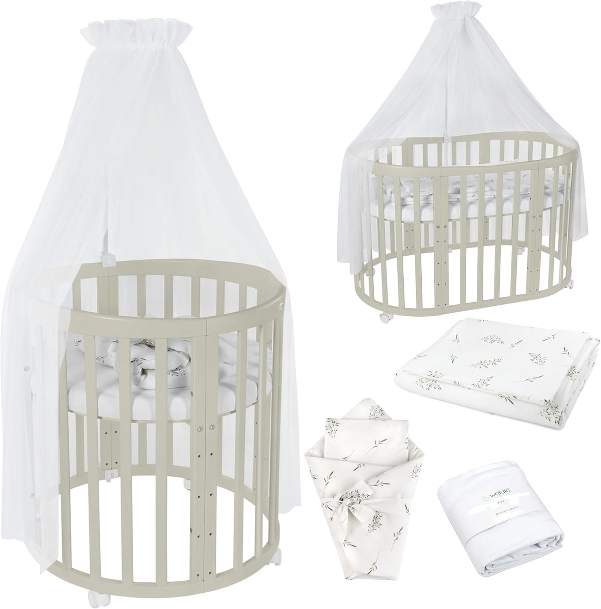 Cuna ovalada evolutiva Waldin, set completo 7 en 1, cuna de barrotes, cama infantil con colchón, cambiador, cuna colecho, madera blanca