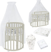 Cuna ovalada evolutiva Waldin, set completo 7 en 1, cuna de barrotes, cama infantil con colchón, cambiador, cuna colecho, madera blanca