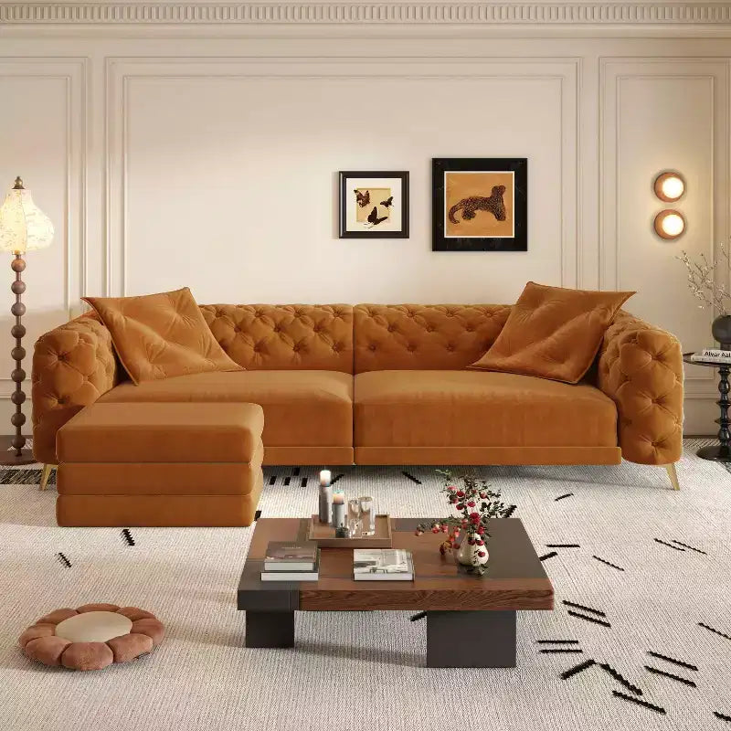 Sofá cama convertible 3 en 1 de terciopelo naranja con otomana, capacidad para 4 personas