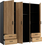 Armario FORTE Jupiter 200 210, armario ropero, armario de puertas batientes, 4 puertas, con 4 cajones y estantes, negro con decoración de madera: roble Catania, 206 cm de ancho x 53 cm de profundidad x 200 cm de alto