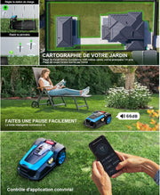 Robot cortacésped inalámbrico automático LEADZM 1200 m² - Recarga automática, control por app Bluetooth/Wi-Fi, altura de corte 25-65 mm, ancho de corte de 220 mm, pendiente 47%, resistente al agua IPX5