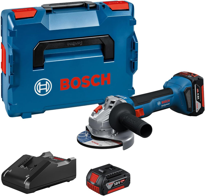 Amoladora angular a batería Bosch Professional 18V System GWS 18V-8 (diámetro del disco 125 mm, con 2 baterías GBA 5,0 Ah, cargador GAL 18V-40, L-BOXX)