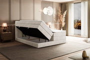 Cama boxspring ALTDECOR con colchón y somier, cubrecolchón, cama tapizada con arcón, cama con espacio de almacenamiento, colchón H3 y H4, cama doble, cama tipo boxspring - OTTA King - 180x200 - Terciopelo beige