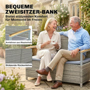 Banco de jardín Outsunny de polirratán, 170 L, banco de 2 plazas con almacenamiento, cojines extraíbles, forro interior con cremallera, reposabrazos de madera de acacia, banco arcón resistente a la intemperie para herramientas, cojín de asiento gris claro