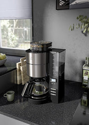 Melitta AromaFresh - Cafetera de filtro - con jarra de cristal - molinillo integrado - función de temporizador - 10 tazas - Negro puro