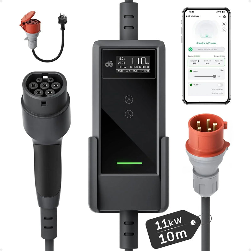 Wallbox móvil 11kW Tipo 2 10m trifásico 6-16A CEE 400V Cargador EV Potencia de carga ajustable Control por app