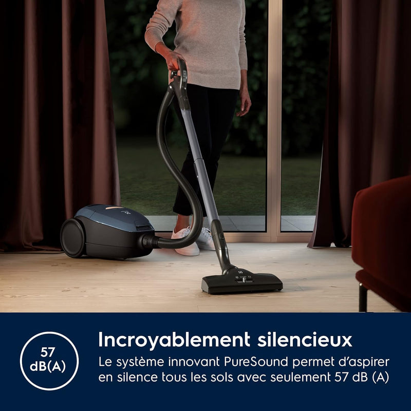 Electrolux Pure D8, controles remotos, aspiradora de trineo con bolsa, ultrasilenciosa, 57 dB, potencia automática inteligente, asa con controles y pantalla LED, PD82-8DB, azul denim