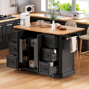 Isla de cocina extensible con alas abatibles, carrito de cocina sobre 4 ruedas con toma de corriente, mesa isla móvil con 2 puertas y 6 cajones