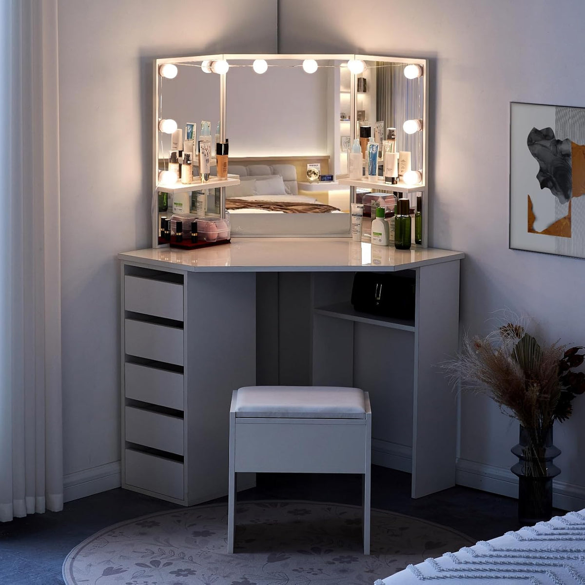 Tocador con espejo de tres paneles y taburete, tocador esquinero con espejo, taburete, 2 compartimentos y 5 cajones, mesa de maquillaje moderna blanca para mujer, regalo con LED