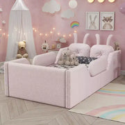 Cama plataforma doble Whisen, cama de suelo tapizada para niños con cojín de conejo, barandillas laterales extraíbles