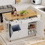 Isla móvil de 55 pulgadas con toma de corriente y mesa plegable, carrito de isla de cocina con ruedas y gabinete para almacenamiento de basura para cocina