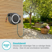 Caja portamanguera de pared Gardena RollUp L (blanco) 30 m exclusiva para Amazon: caja portamanguera giratoria, guía de manguera integrada, incluye 30 m de manguera de calidad Gardena, lanza de limpieza y pistola de riego (18627-38)