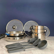 AM5535 : Batería de cocina de 15 piezas Arthur Martin, sartenes y cacerolas de acero inoxidable con accesorios, interior pulido espejo, compatible con todas las fuentes de calor, incluida inducción, color cromo