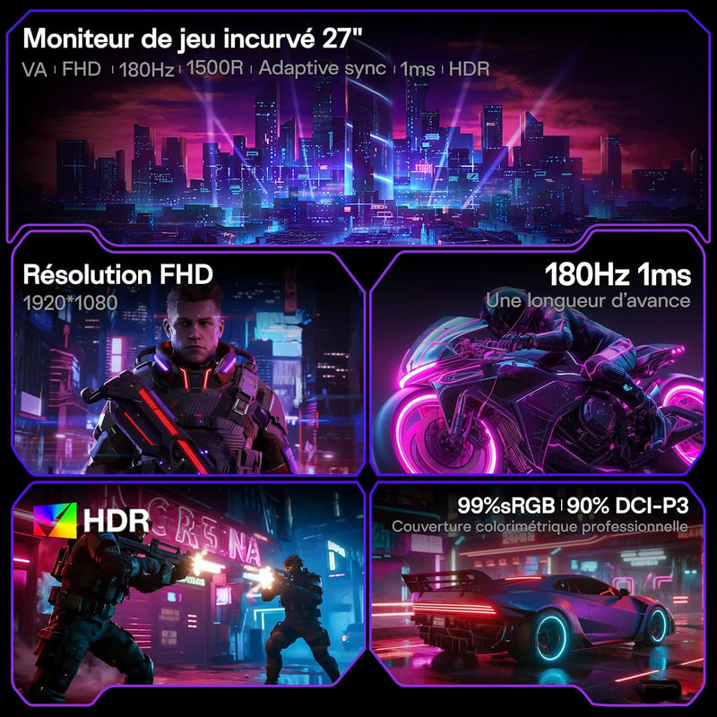 Monitor Gaming KOORUI de 27 pulgadas, pantalla gamer FHD VA, 180 Hz, pantalla curva, Adaptive-Sync, VESA 100 * 100 mm, 2xHDMI 2.0 y 1xDisplayPort 1.2