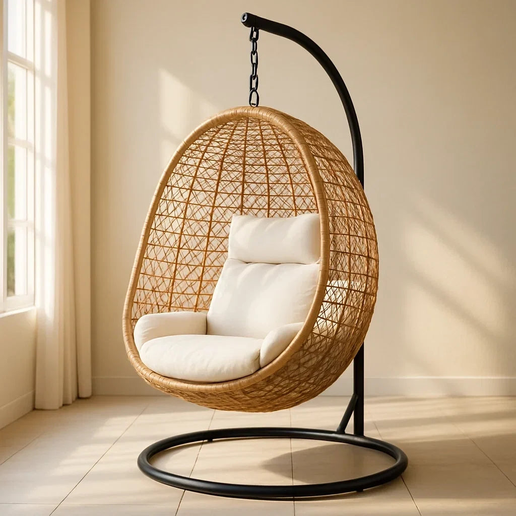 Silla colgante de ratán con cojines beige