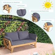 GIANTEX Banco de jardín con función de tumbona, sofá de jardín con reposabrazos plegables, banco de balcón con cojines, banco de exterior de madera de acacia, sofá lounge de 3 plazas, sofá cama para balcón, jardín y terraza | Diseño 3 en 1
