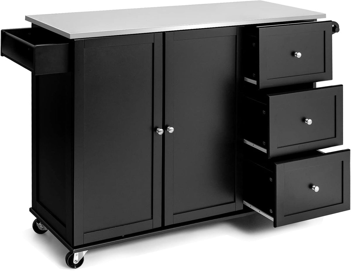 KOMFOTTEU Isla de cocina móvil con encimera de acero inoxidable, carrito de cocina con 3 cajones, toallero y estante ajustable, carrito con ruedas, 135 x 45,5 x 91,5 cm negro