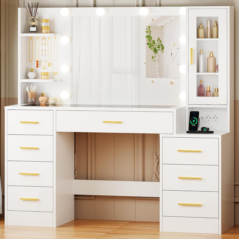 ANWBROAD Tocador grande con espejo y enchufe, iluminación LED ajustable, mesa de maquillaje con tablero de cristal, tocador moderno con 8 cajones, 3 estantes y 5 ganchos, blanco BDT88W