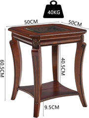 Mesa auxiliar cuadrada de alta gama con tablero de cristal templado, mesa auxiliar estilo granja con estante, mesa esquinera de salón con patas de madera tallada, 60.5 cm de altura, color cerezo CJZ-A1168-GT
