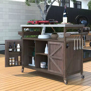 Isla de cocina para exteriores con cubierta de acero inoxidable, carrito de cocina de madera con puertas, estantes y especiero, isla de cocina con ruedas