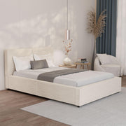 Cama tapizada Juskys Salerno 140 x 200 cm – Pana beige, cama moderna con cabecero y piecero, estructura estable de madera y metal, somier, capacidad de carga de 500 kg