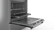 Cocina eléctrica de libre instalación Bosch Serie 4 HKR39C250, 60 cm de ancho, asistente de limpieza EcoClean Direct, aire caliente 3D para hornear en 3 niveles, control por pantalla LED, zona de cocción ampliable para recipientes grandes