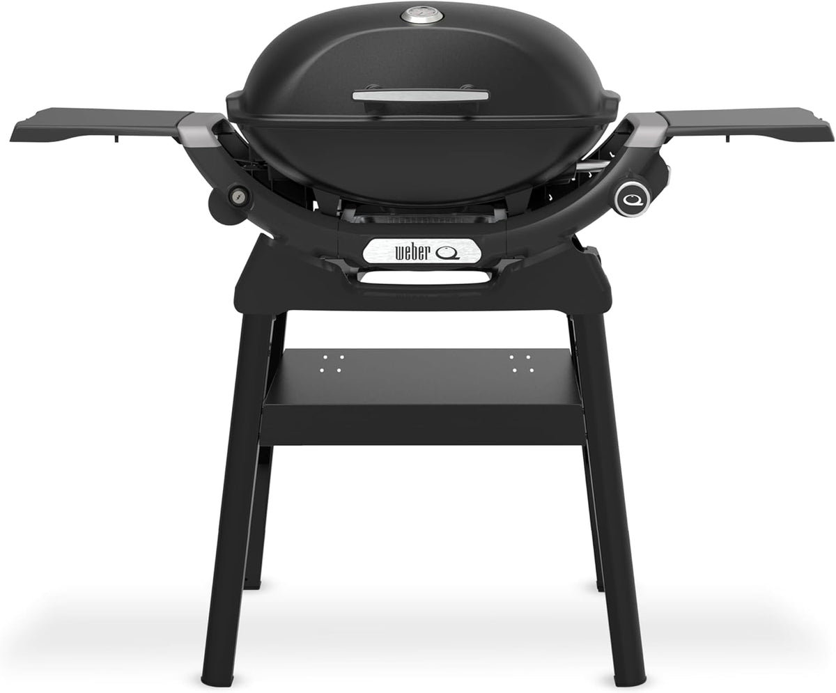 Barbacoa de gas Weber Q 2200N con mesas laterales y soporte compacto/parrilla para terrazas y balcones con quemadores de alto rendimiento, rejillas de hierro fundido vitrificado y encendido electrónico, negro medianoche