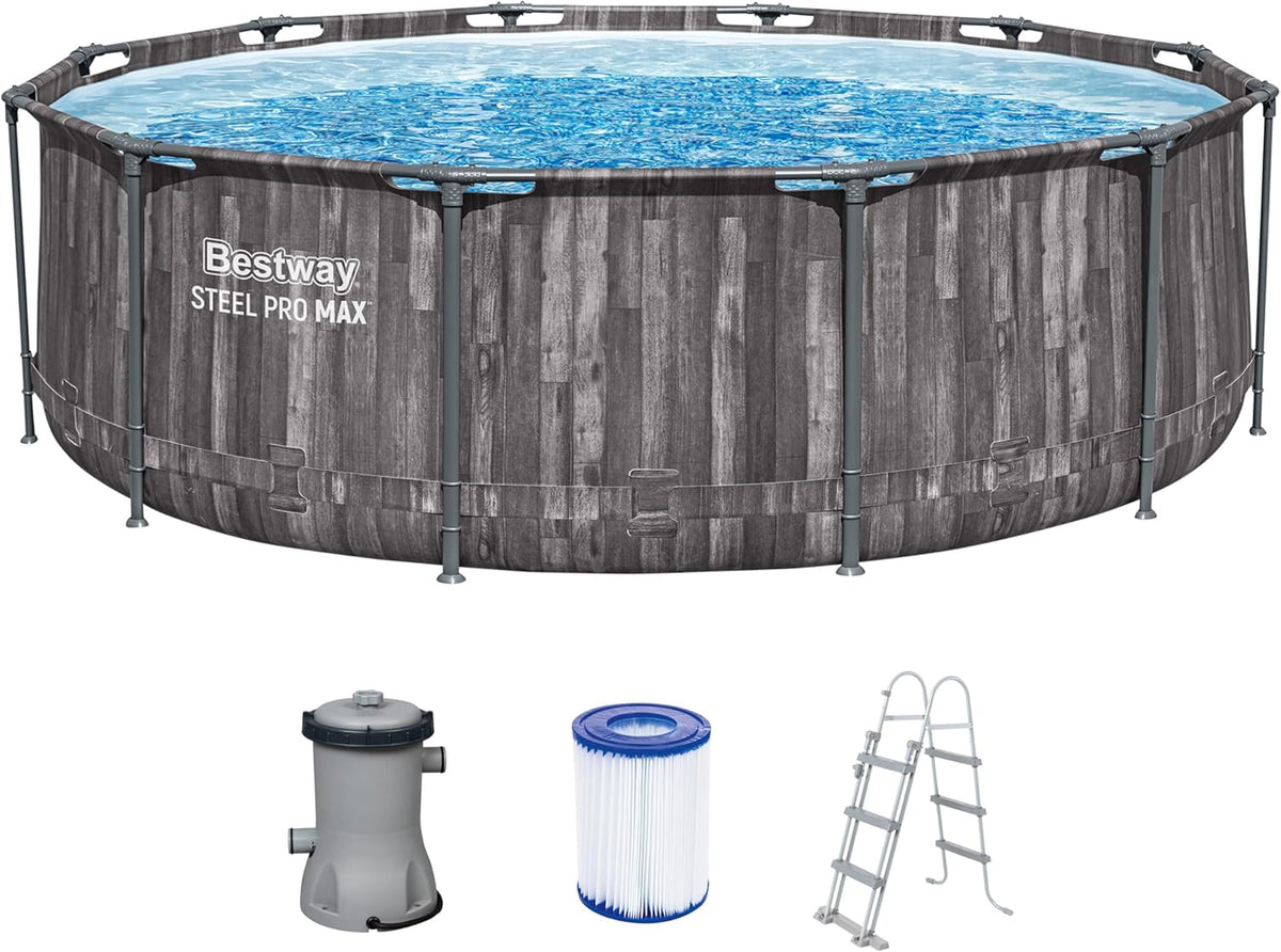 Set de piscina con estructura Bestway Steel Pro MAX con bomba de filtro Ø 366 x 100 cm, efecto madera (roble pantanoso), redonda