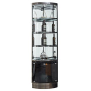 Vitrina esquinera para vinos con estantes de cristal y metal de varios niveles