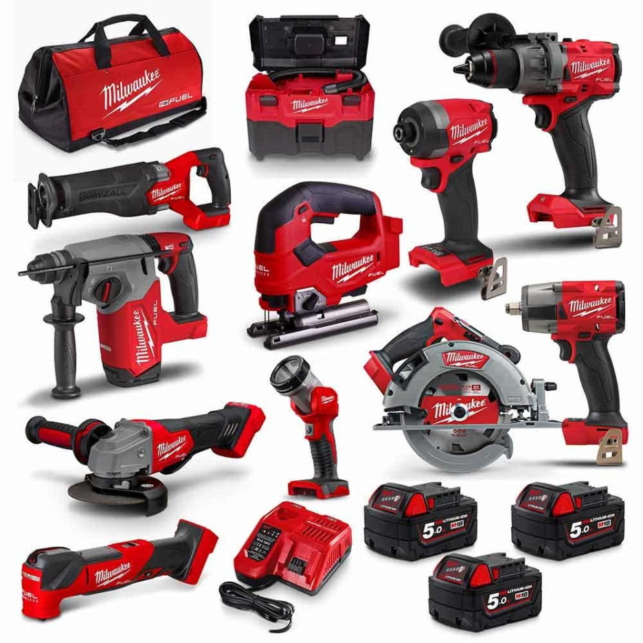 Kit combinado de 11 herramientas MILWAUKEE 18V FUEL con 3 baterías de 5.0Ah M18FPP11A3503B