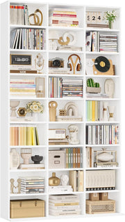 Estantería para libros FirFurd de 190 cm, estante para CD con 27 compartimentos, soporte para CD ajustable en altura, estantería de pie, separador de ambientes para sala de estar, estudio, blanco