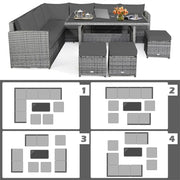 Conjunto de muebles de comedor para patio de 7 piezas de ratán con sofá seccional, mesa de comedor, otomanas y cojines
