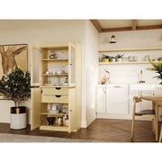 Alacena de madera maciza 100% con puertas de vidrio esmerilado, puertas sólidas, 2 cajones y estantes ajustables