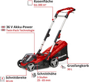 Cortacésped inalámbrico Einhell RASARRO 36/42 Kit Power X-Change (36V, 42 cm de ancho de corte, hasta 725 m², motor sin escobillas, caja colectora de 50L, función de mulching, incl. 2x 5,2Ah + 1x cargador doble)