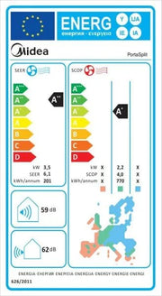 Aire acondicionado Midea Portasplit, bomba de calor portátil, refrigeración A++/calefacción A+, 12000 BTU 3,5 kW, para estancias de hasta 42 m² / 105 m³, solo 39 dB(A) en modo silencioso