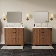 Conjunto de tocador de baño moderno estriado con lavabo de cerámica integrado, mueble de baño independiente con 3 cajones para baño contemporáneo