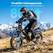 Bicicleta eléctrica OUXI Pro E-Bike Fatbike de 20 pulgadas, batería doble de 2x15Ah con autonomía de hasta 100km, motor de 250W y 60Nm, frenos de disco hidráulicos, suspensión completa, altavoz Bluetooth, portaequipajes delantero