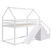 Literas tipo casita con tobogán y escaleras de almacenamiento, litera de madera individual sobre individual para niños con techo y escaleras para niñas y niños