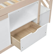 Cama alta baja de madera maciza con cajón y escalera, tamaño individual