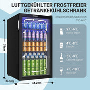 EUHOMY Mini refrigerador de bebidas de 90L para 126 latas con puerta de cristal, estantes ajustables, para hogar, bar, oficina, acero inoxidable negro