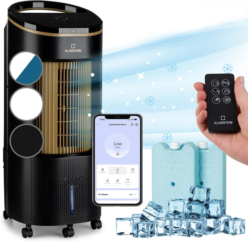 Enfriador de aire Klarstein con refrigeración por agua, enfriador evaporativo 4 en 1 silencioso, humidificador, ventilador y modo nocturno, aire acondicionado portátil de 7 L, enfriador de aire de 65 W, flujo de aire refrigerante de 330 m³/h
