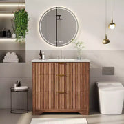 Conjunto de tocador de baño moderno estriado con lavabo de cerámica integrado, mueble de baño independiente con 3 cajones para baño contemporáneo