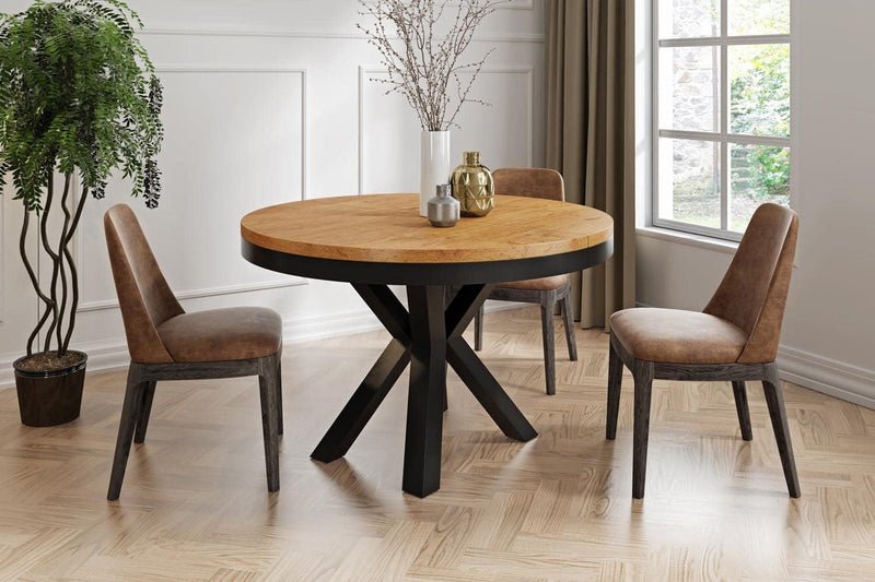 WFL GROUP Mesa de comedor redonda extensible estilo loft - Mesa industrial con patas de metal negro - Mesa que ahorra espacio para salón - Roble Lancelot - 120 a 200 cm