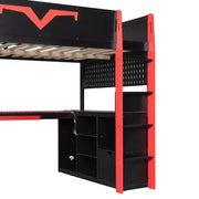Cama tipo loft para juegos Luxystar Modern con escritorio iluminado, bandeja para teclado, tablero perforado y estantería de almacenamiento
