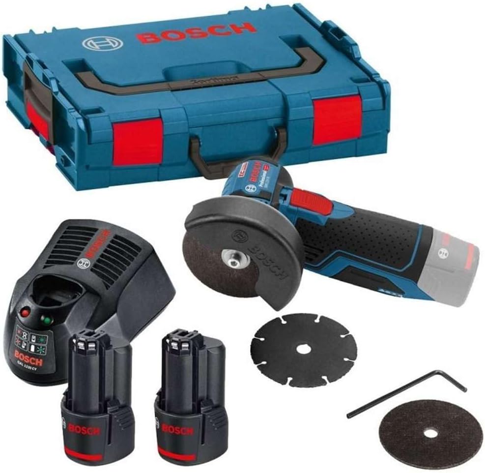 Miniamoladora angular a batería Bosch Professional 12V System GWS 12V-76 (incluye 2 baterías de 3,0 Ah, cargador rápido GAL 1230 CV, 1 disco Carbide Multi Wheel, 2 discos de corte Expert for Inox, L-BOXX2)