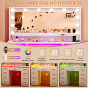 Tocador TEENFON con espejo LED grande, tocador con superficie de cristal, luz RGB, 9 cajones, estantes colgantes, 2 tomas de corriente: iluminación de 3 colores regulable, blanco