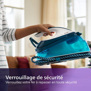 Centro de planchado Philips PerfectCare Compact Plus - 2400W, 400g, presión de 6,5 bares, tecnología OptimalTEMP, depósito de 1,5 L, azul/blanco (GC7844/20)