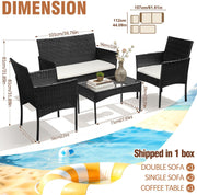 Set de muebles de jardín de polirratán para 4 personas con sofá de 2 plazas, 2 sillas, mesa y cojines, resistente a la intemperie, color negro, conjunto de muebles de terraza y balcón para jardín y patio